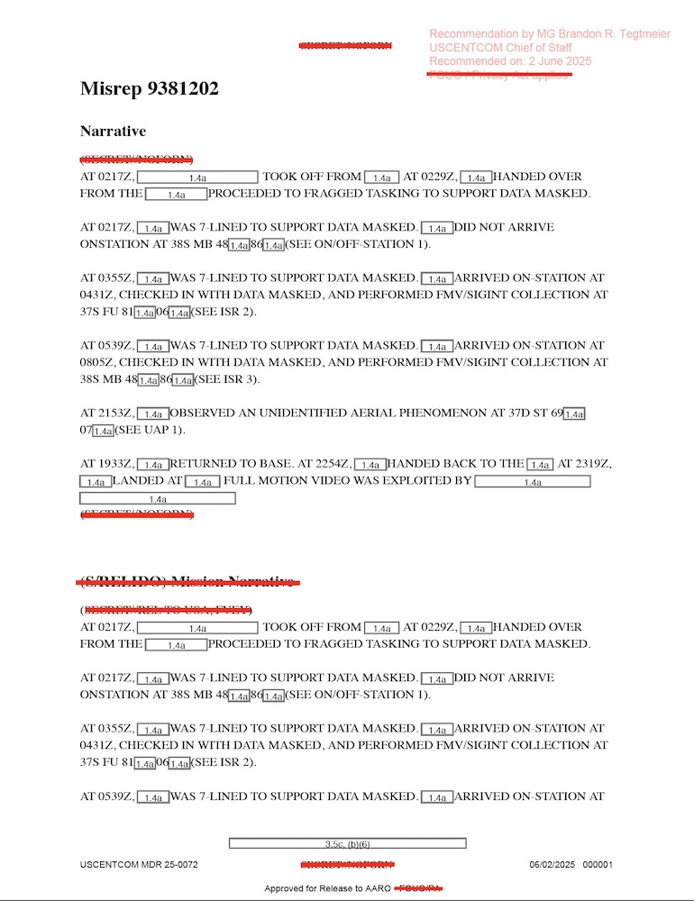 Redacted government mission report document.