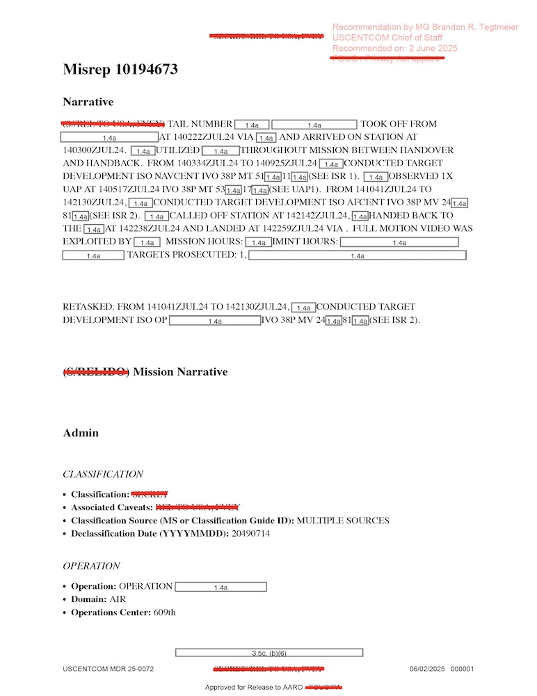 Redacted government mission report document.