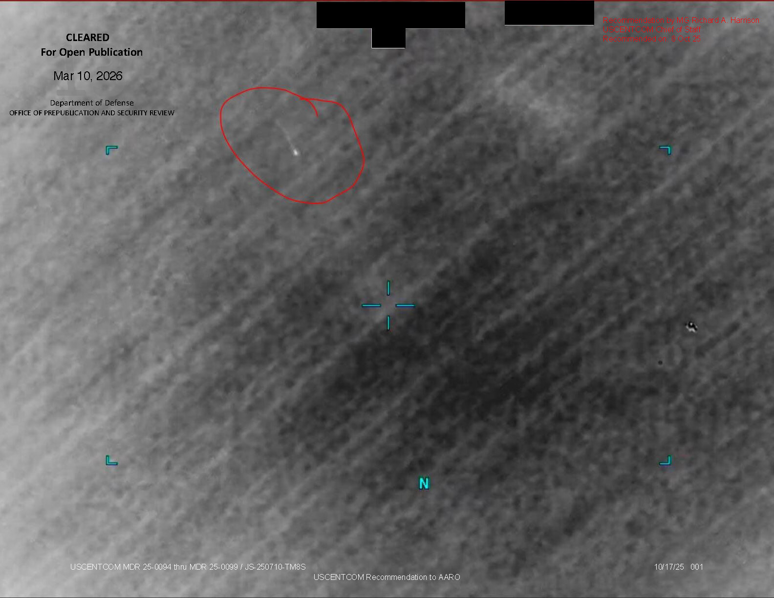 Department of Defense sensor image cleared for open publication, showing an unidentified object.