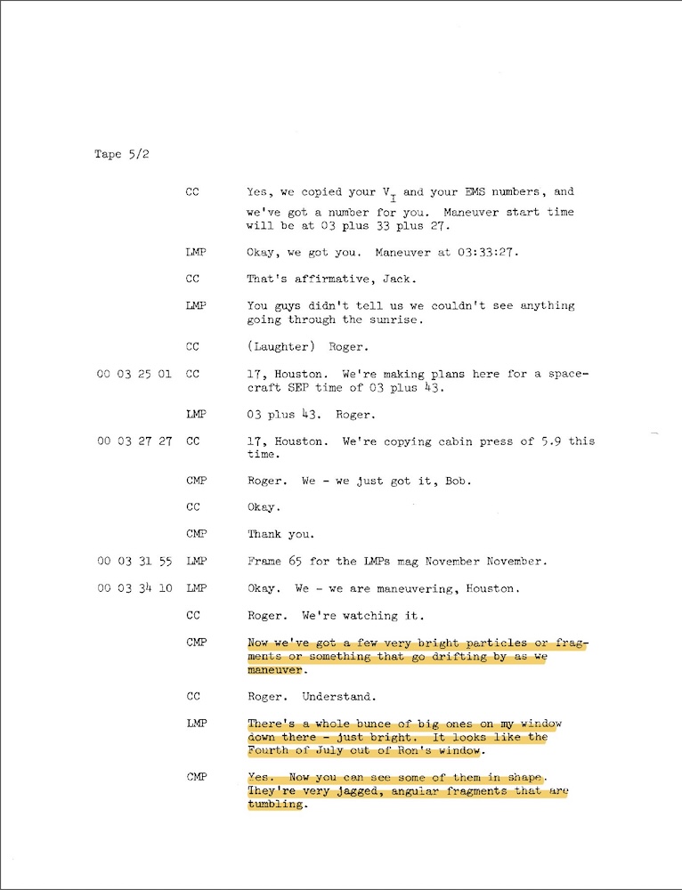 A page from a space flight mission transcript with highlighted sections.