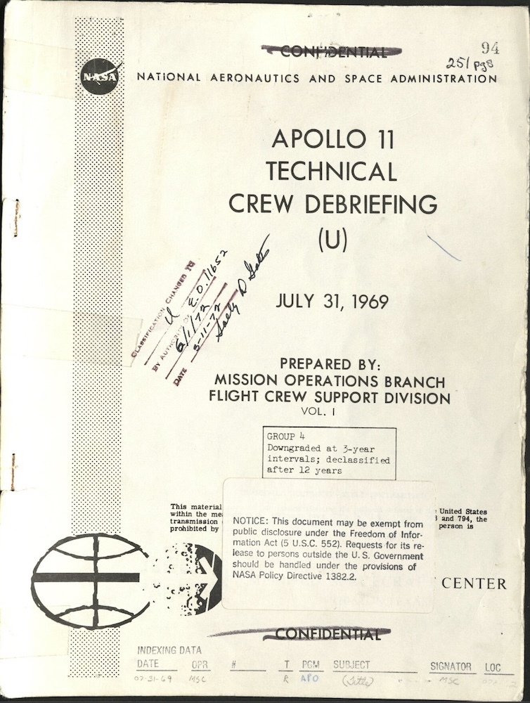 Declassified Confidential NASA Apollo 11 Technical Crew Debriefing cover.