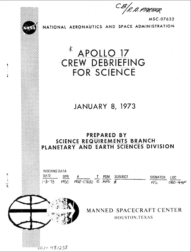 NASA Apollo 17 Crew Debriefing for Science cover from the Manned Spacecraft Center.