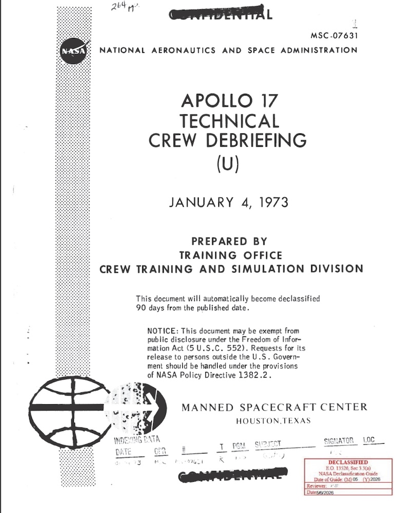 Declassified Confidential NASA Apollo 17 Technical Crew Debriefing cover from the Manned Spacecraft Center.