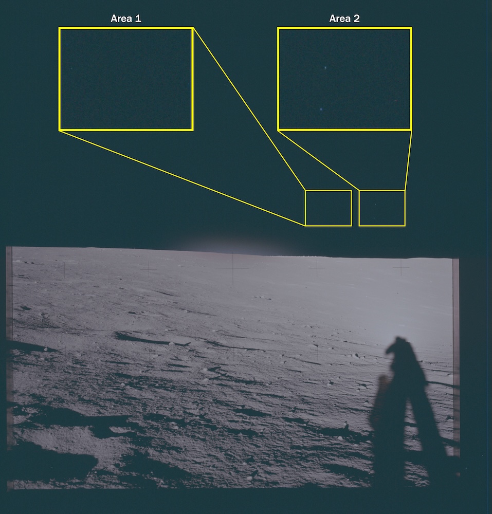 Photograph of the lunar surface showing astronaut shadows and a magnified callout of an object in the sky.