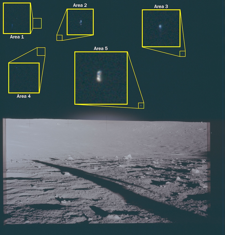 Photograph of the lunar surface showing astronaut shadows and a magnified callouts of objects in the sky.