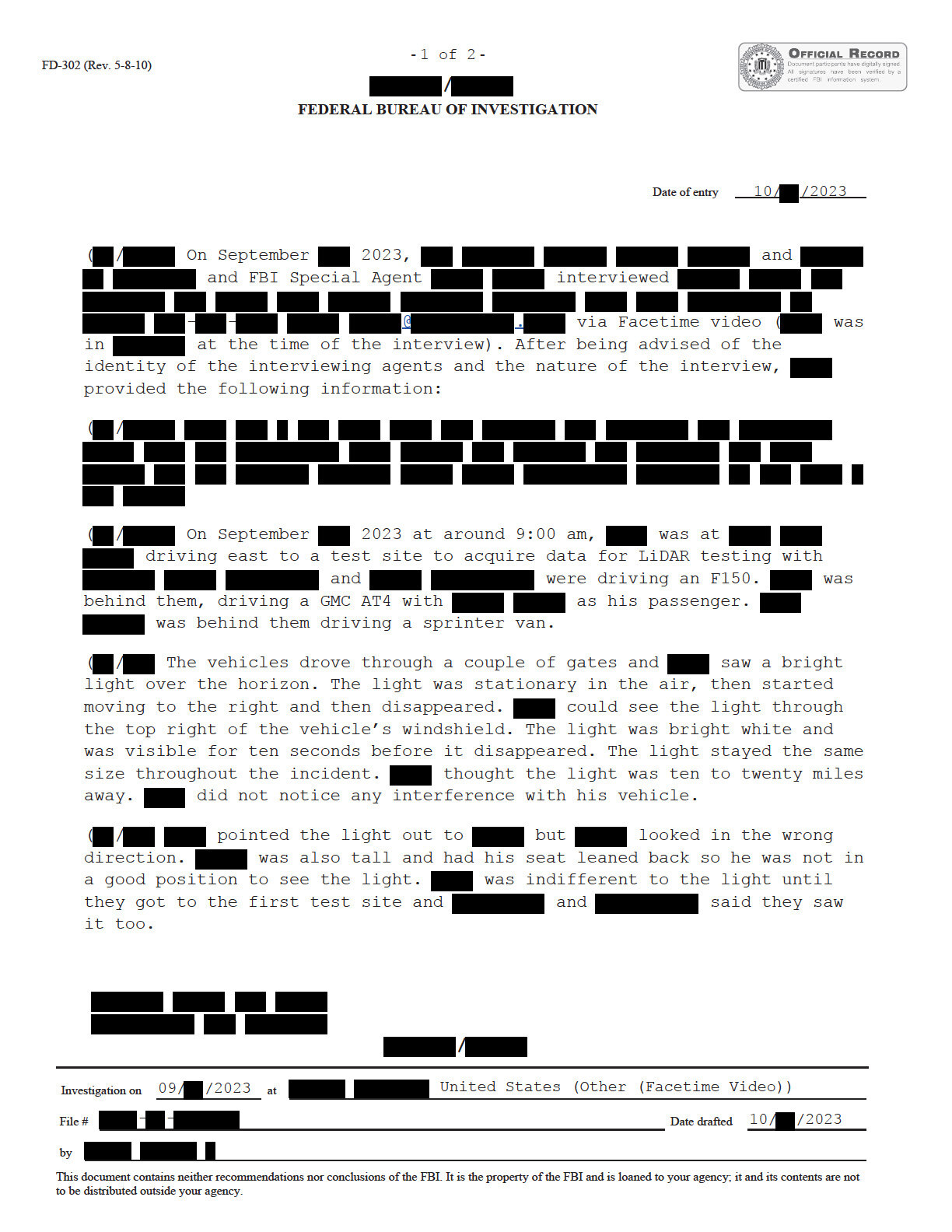 Heavily redacted Federal Bureau of Investigation official record.