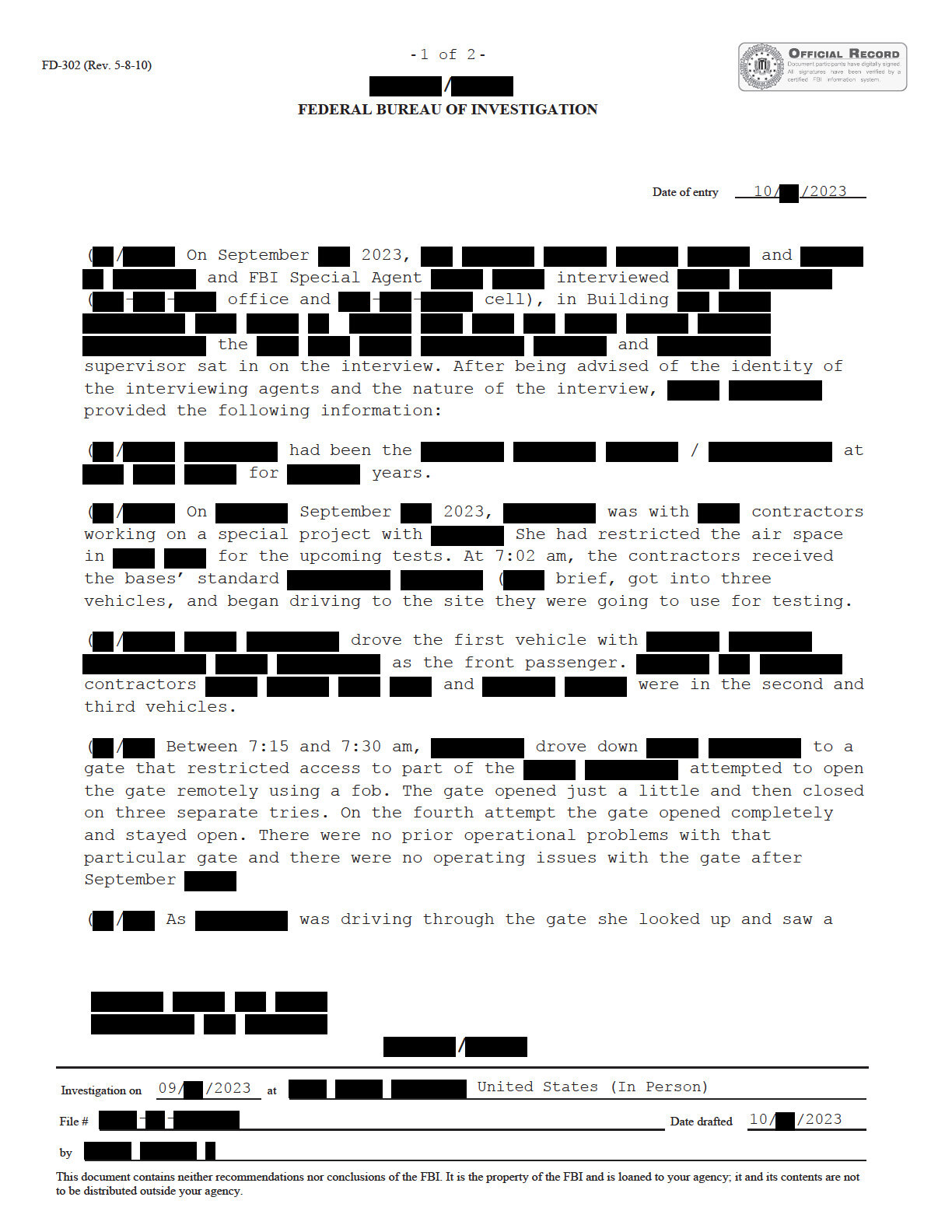 Heavily redacted Federal Bureau of Investigation official record.